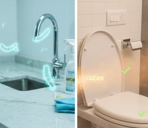 Sanitized bathroom and kitchen surfaces