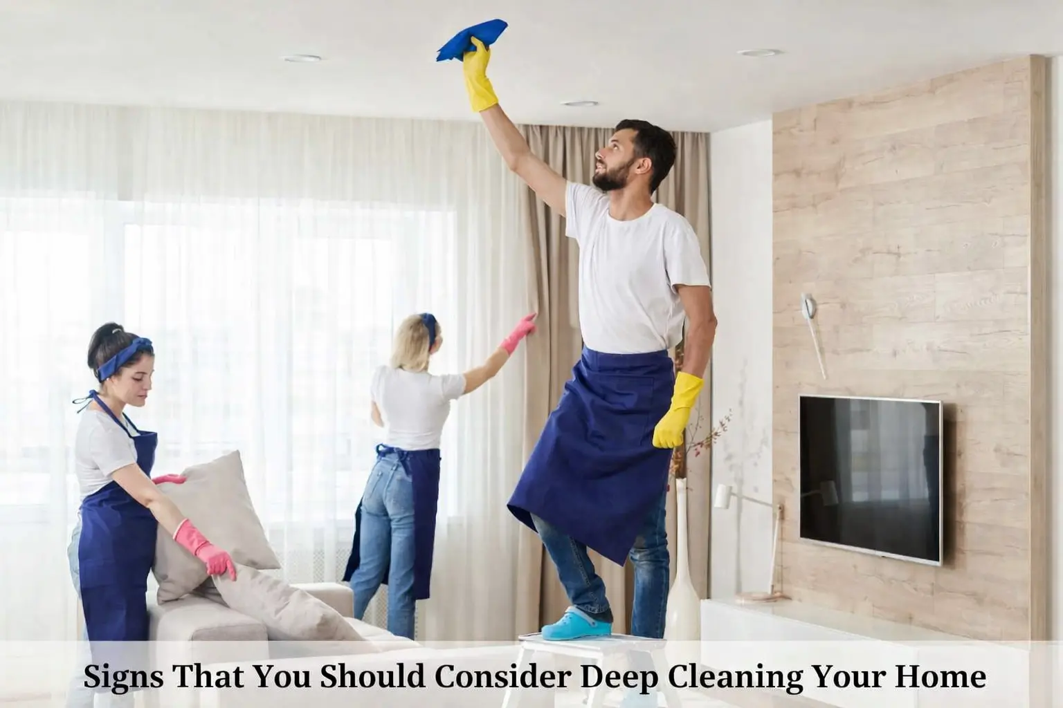 Dirty kitchen, messy living room, and stained bathroom showing clutter and grime — sign you need home deep cleaning