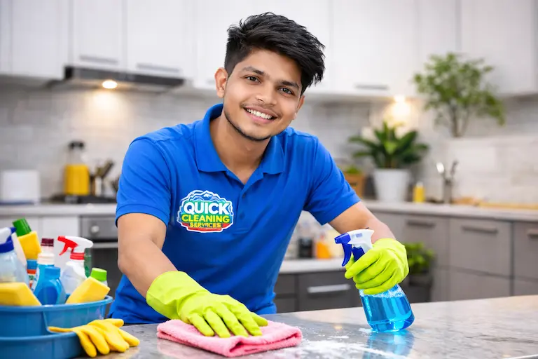 Professional cleaning support team assisting customer