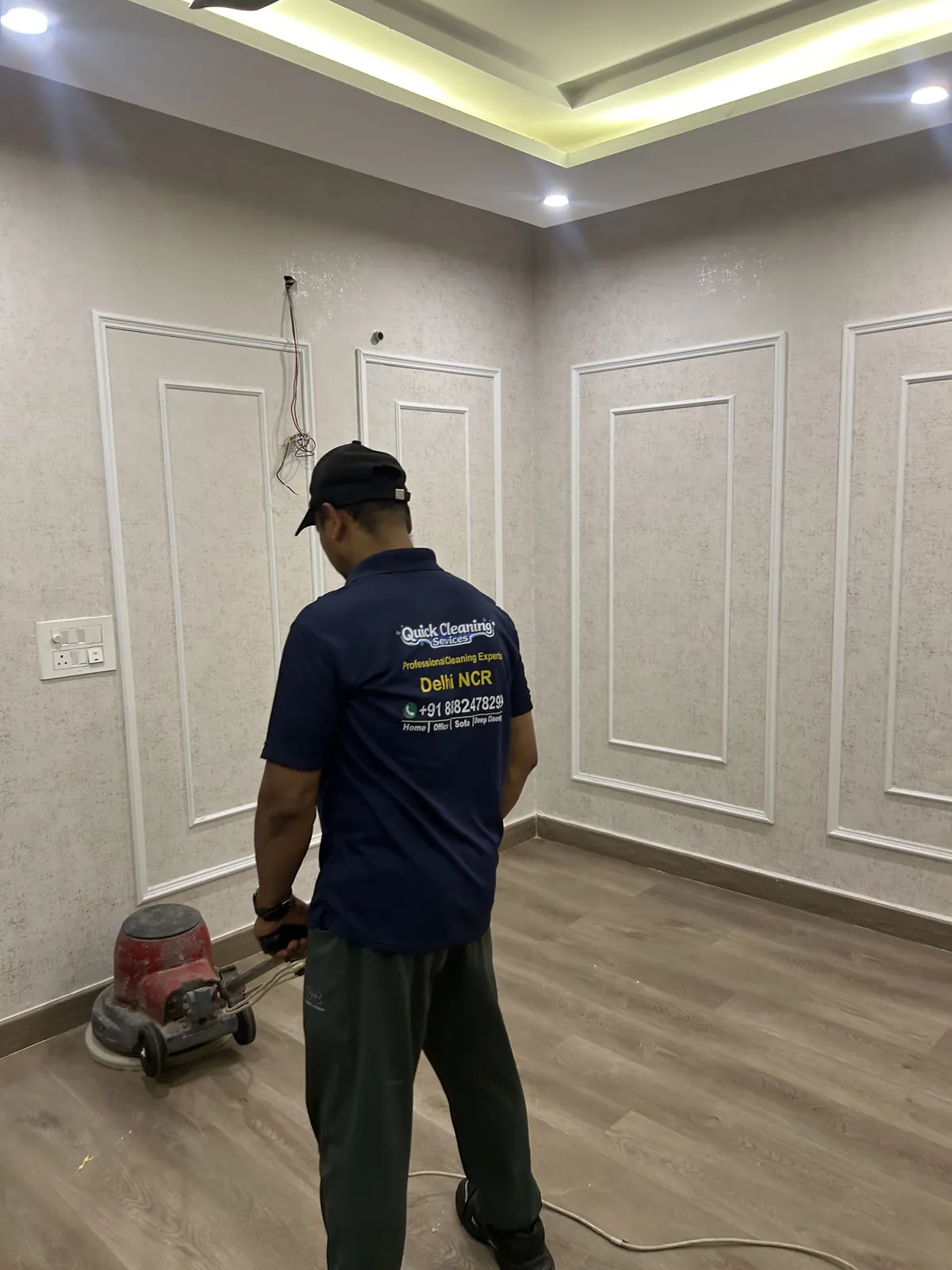 Commercial floor polishing using single-disc scrubber in Delhi office