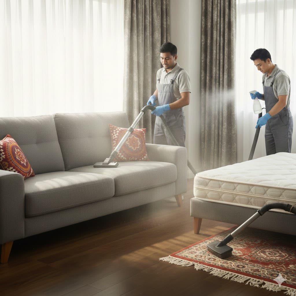 Steam and vacuum extraction removing dust and allergens from a sofa and mattress in a Gurgaon home