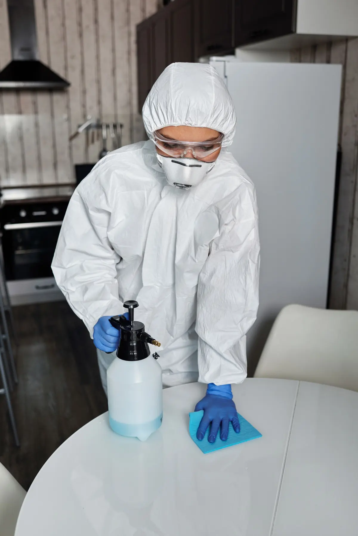 Quick Cleaning Services technician in PPE disinfecting a home surface with a sprayer during sanitization