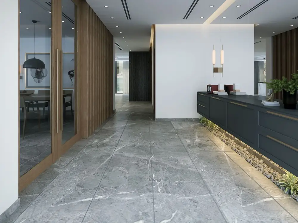 Office reception with stone flooring