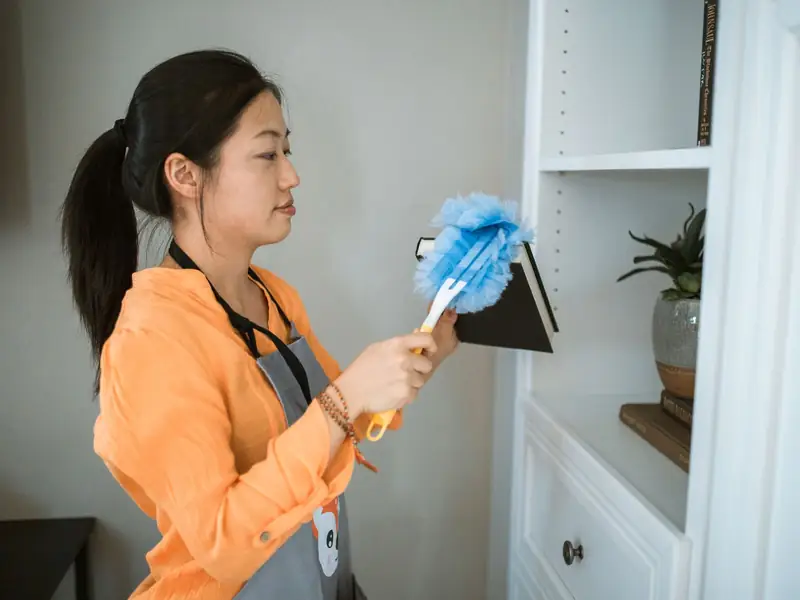 Cleaner using a microfibre duster to remove dust from shelves and furniture