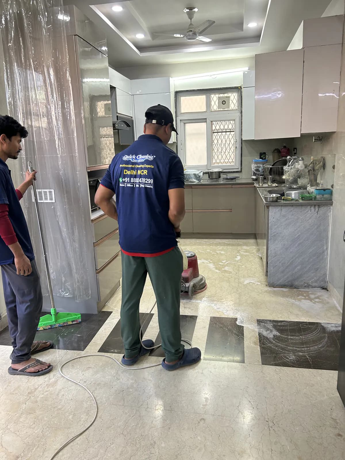 Kitchen floor scrubbing using professional equipment in Delhi