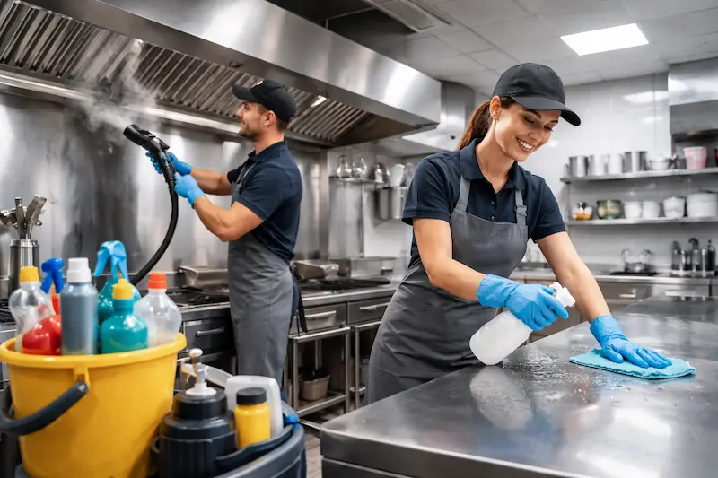 Professional kitchen cleaning team in action in Delhi β using industrial degreaser on tiles and surfaces